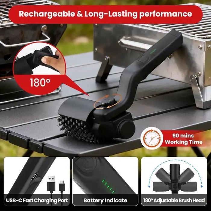 Brosse de barbecue rechargeable avec têtes de brosse rotatives pour nettoyage en profondeur, idéale pour grills en acier inoxydable, fonte ou fil métallique, camping et fêtes en plein air
