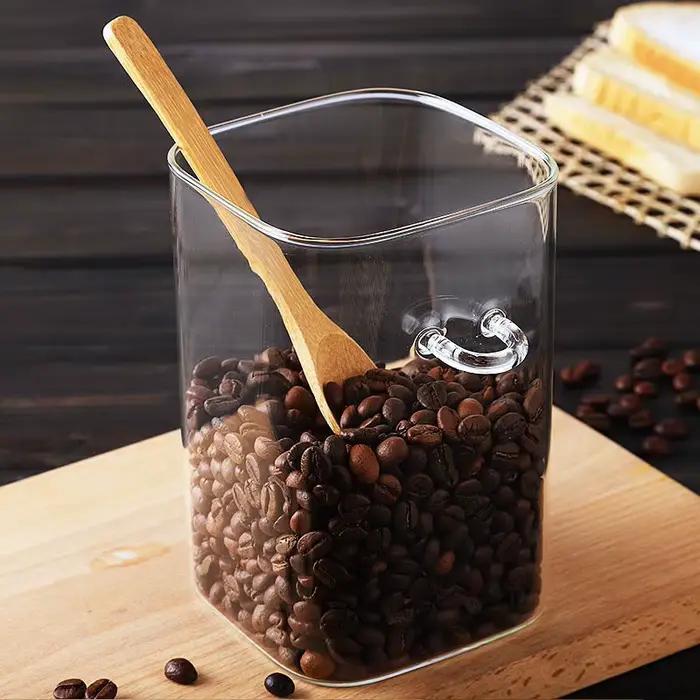 Pot de stockage scellé en verre carré de style japonais avec cuillère en bois