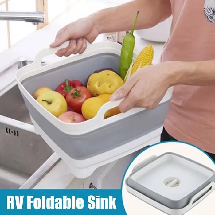 Bassin d'évier de cuisine pliable avec bouchon de vidange et poignées, baignoire de vaisselle pliable Portable pour camping-car, Van, Camping voyage