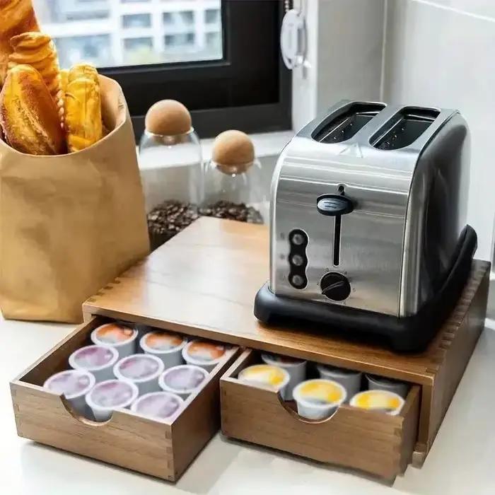 Boîte de rangement en bois pour café – Rangement à tiroirs pour dosettes K-Cup, capsules de thé et Nespresso – Support compact pour comptoir pour une cuisine sans désordre