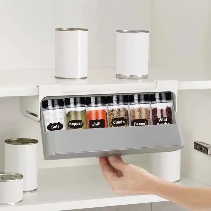 Support de rangement de bouteilles d'assaisonnement de cuisine, étagère à épices auto-adhésive murale sous étagère, organisateur d'épices, support de rangement de cuisine
