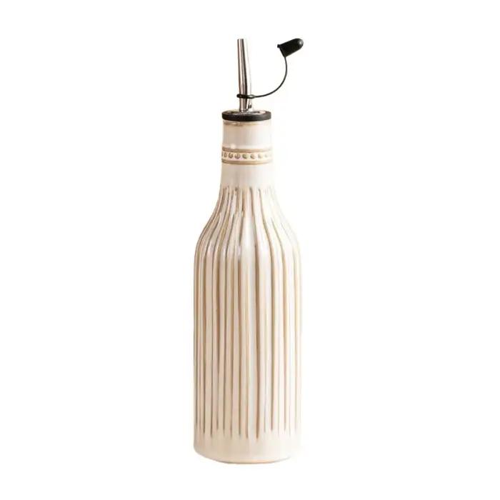 Bouteille d'huile et de vinaigre en céramique blanche à rayures simples et élégantes, style japonais moderne, ronde, pour huile d'olive et sauce soja