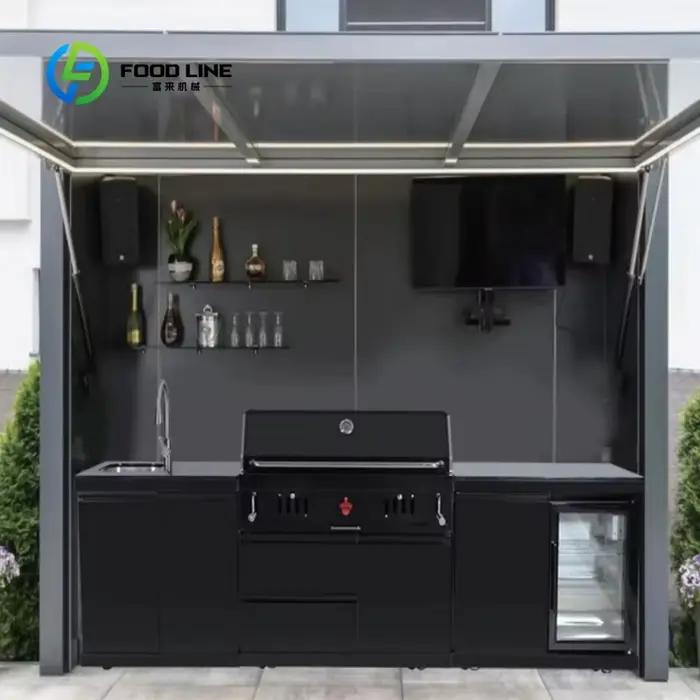 Cuisine extérieure moderne haut de gamme personnalisée, barbecue à gaz 5 brûleurs, évier en acier inoxydable 304, unité de restauration luxueuse pour fêtes de famille