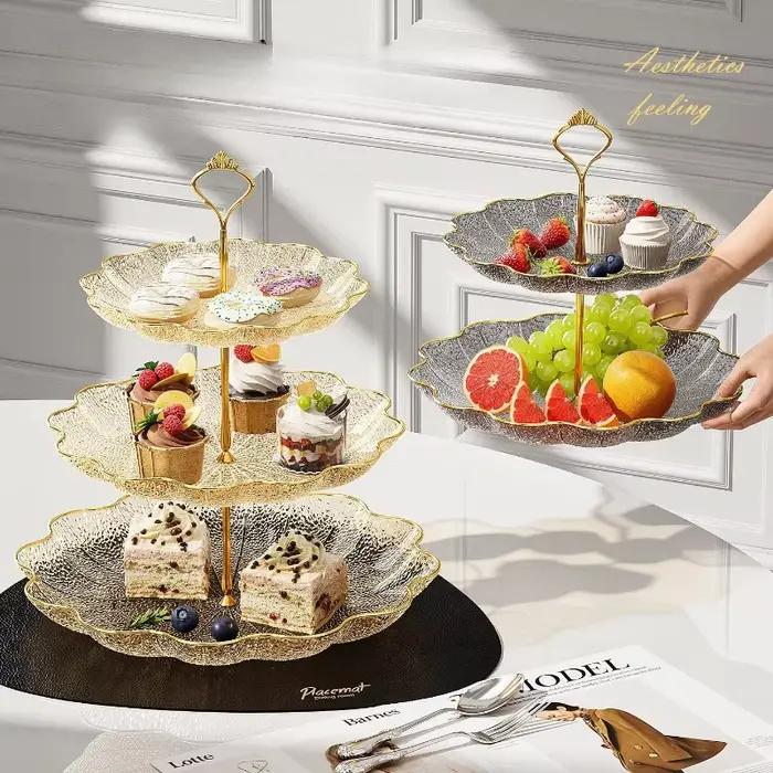 Plateau à Dessert à trois couches en feuille de Lotus, plateau créatif pour salon, maison, thé de l'après-midi, bonbons, gâteaux aux fruits, fête, Restaurant