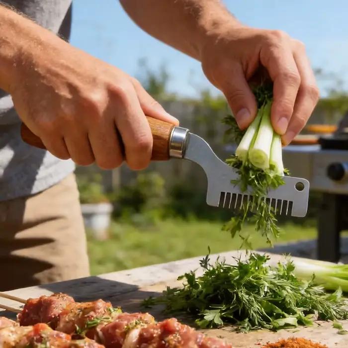 Un hachoir à manche en bois pour couper les oignons verts, un outil efficace pour hacher uniformément les herbes et l'ail, parfait pour la préparation à domicile.