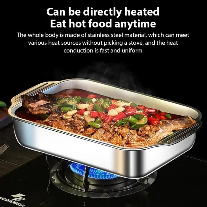 Plateau à poisson grillé en acier inoxydable pour barbecue, poêle de cuisson profonde antiadhésive avec couvercle, plaque de fruits de mer de boeuf frit occasion spéciale
