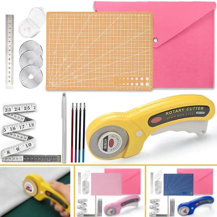Ensemble de 7 couteaux rotatifs de 45 mm [Ruban à mesurer + Couteau à roulettes de 45 mm + Porte-stylo et recharge + Règle en acier de 15 mm + Tapis de découpe A4 + Lames de rechange + Sac de rangemen