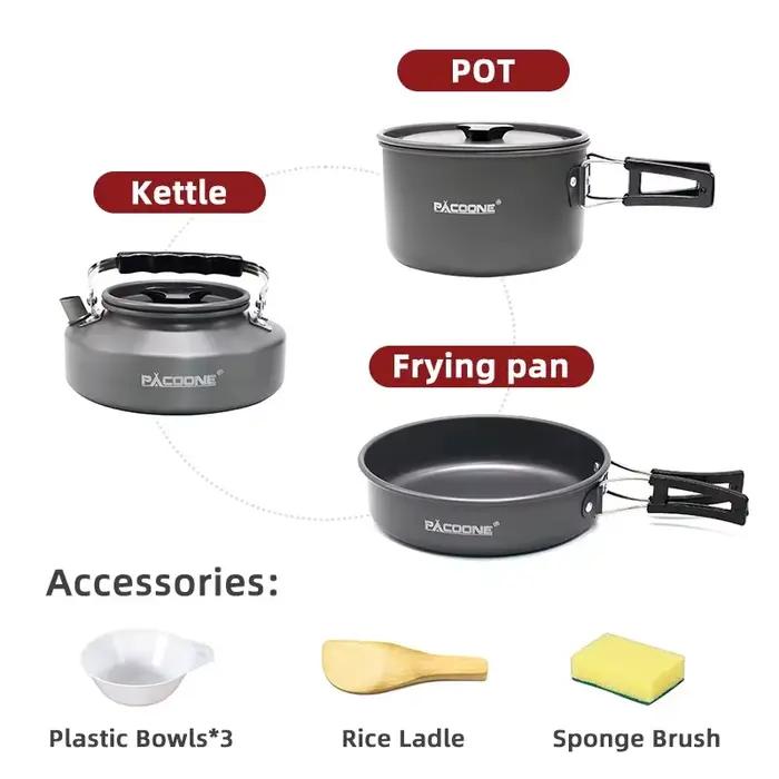 PACOONE – ensemble d'ustensiles de cuisine de Camping, Kit d'ustensiles de cuisine portables, Pot d'extérieur, bouilloire à eau, ensemble de casseroles, vaisselle, équipement de pique-nique de randonn