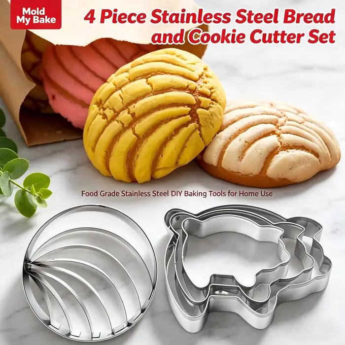 Lot de 4 moules à pain mexicain en acier inoxydable, mignons et pratiques, 3 tailles, emporte-pièces cochon, tampon Concha, qualité alimentaire antiadhésif pour le bricolage