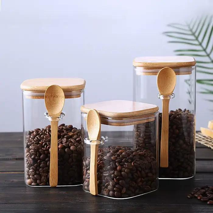 Pot de stockage scellé en verre carré de style japonais avec cuillère en bois