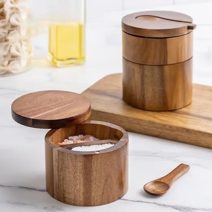 Pot d'assaisonnement en bois, salière à poivre, boîte d'assaisonnement de grande capacité avec cuillère, couvercle rotatif magnétique, rangement de cuisine