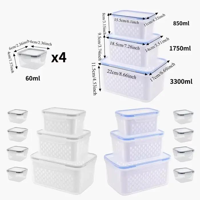 Conteneurs de stockage des aliments 17 pièces pour l'organisation de la cuisine comprenant 7 couvercles, 7 boîtes, 3 paniers de vidange, idéaux pour les Fruits et légumes
