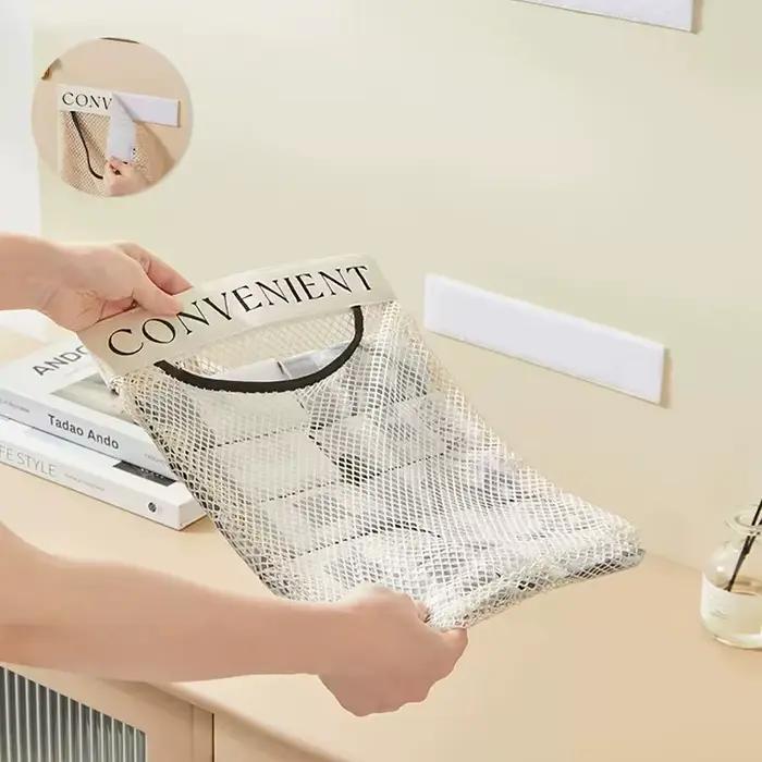 Distributeur de Sacs de Rangement Mural en Maille, Support de Sacs à Ordures en Plastique, Idéal pour les Courses et l'Épicerie