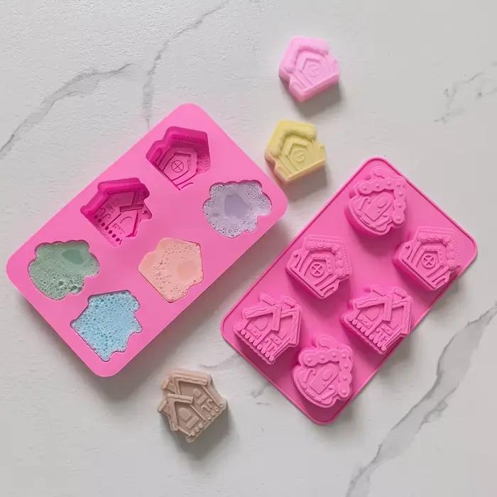 Moule en silicone en forme de maison à 6 trous pour gâteaux au chocolat et gelée, ustensile de cuisine DIY pour événements familiaux et amicaux