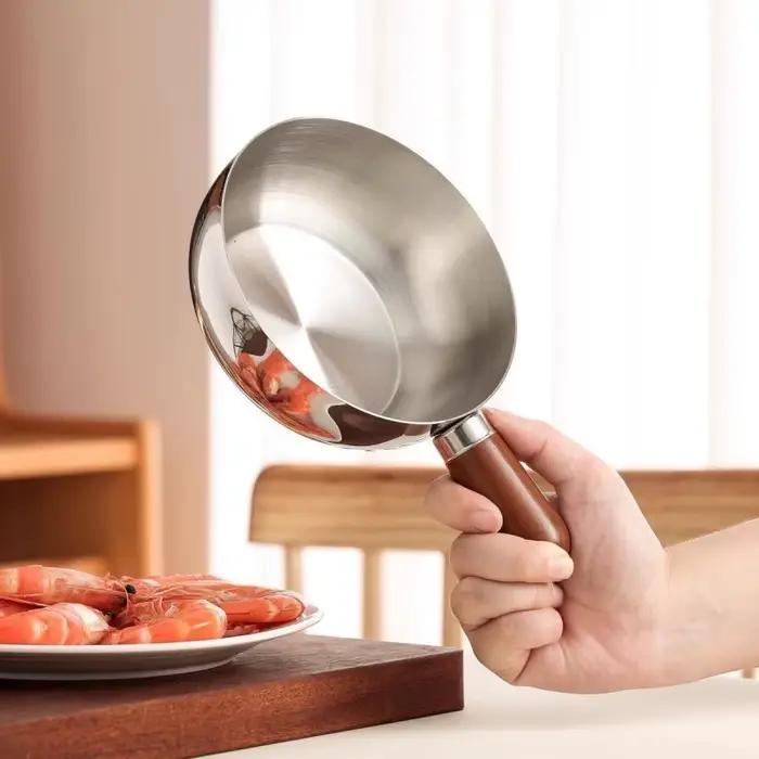 Casserole à lait en acier inoxydable avec poignée en bois – Casserole compacte pour réchauffer le lait et faire frire les œufs
