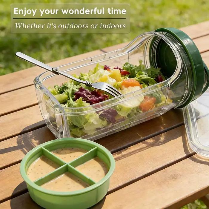 Conteneur à salade portable avec fourchette et gobelet à sauce à 4 compartiments bol anti-fuite pour déjeuner voyages et pique-niques