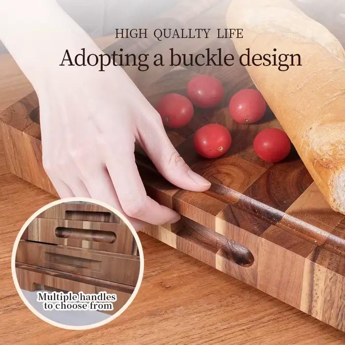 Planche à découper en bois d'acacia double face pour cuisine et événements, bloc de boucher épais et stable, avec rainure pour capturer le jus, idéale pour préparer des plats variés et offrir comme cadeau