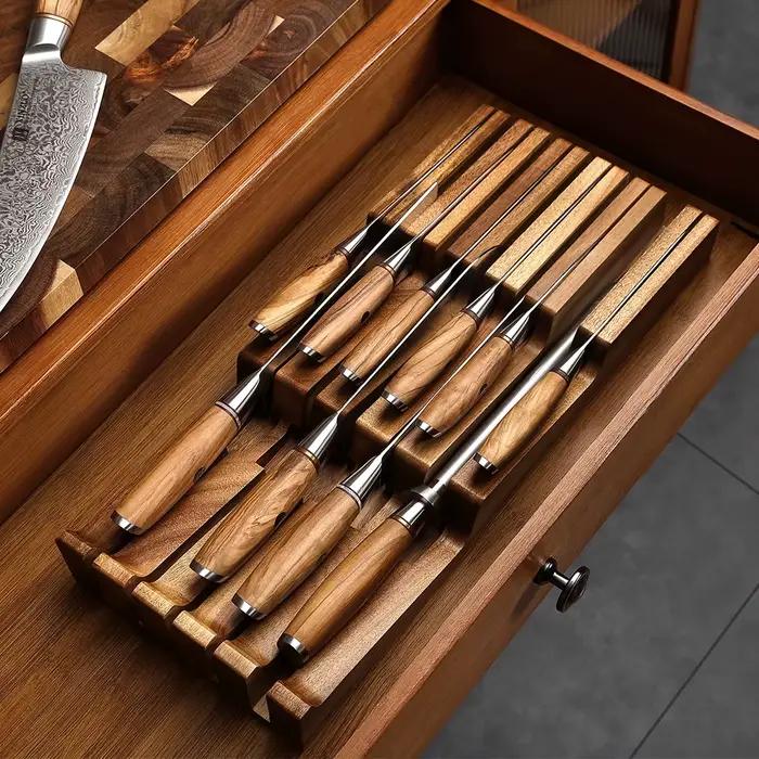 XINZUO bois d'acacia 11 fentes dans le tiroir plateau à couteaux universel bloc de couteaux étagère outil de rangement couverts organisateur porte-couteau