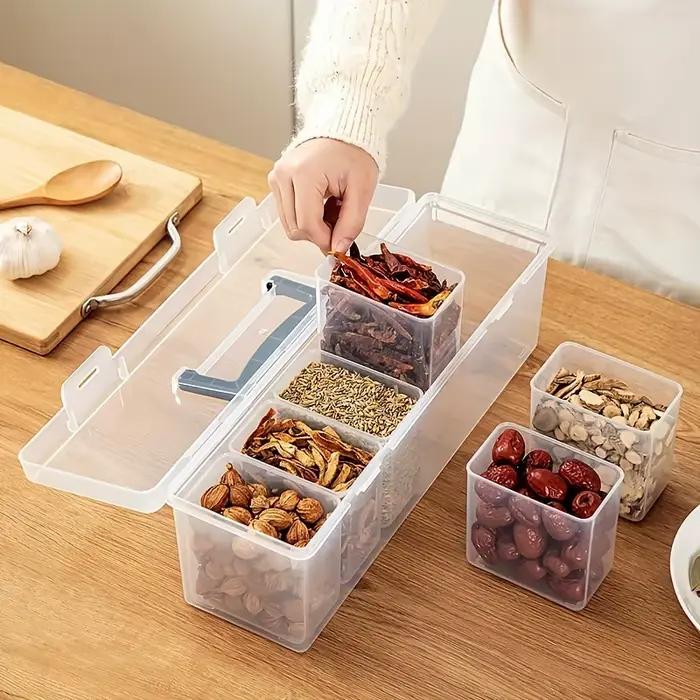 Ensemble de récipients à épices scellés avec couvercle de 7 pièces (1L + 6S) – Pots divisés amovibles en PP résistants aux aliments pour l'organisation des épices, des herbes et de la cuisine