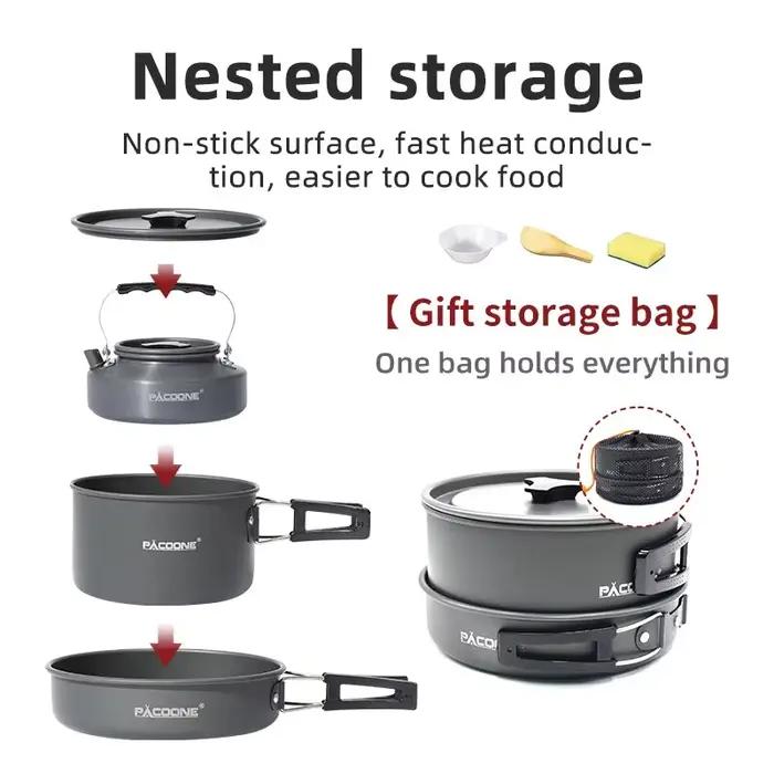 PACOONE – ensemble d'ustensiles de cuisine de Camping, Kit d'ustensiles de cuisine portables, Pot d'extérieur, bouilloire à eau, ensemble de casseroles, vaisselle, équipement de pique-nique de randonn