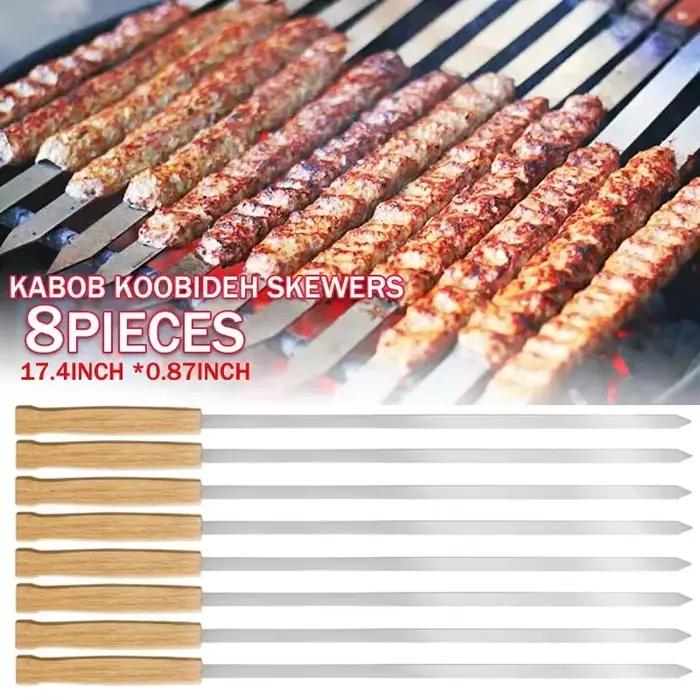 6/8 pièces Kabab Koobideh brochettes 17 pouces en acier inoxydable gril BBQ brochettes réutilisables Barbecue brochettes bâton plat avec manche en bois