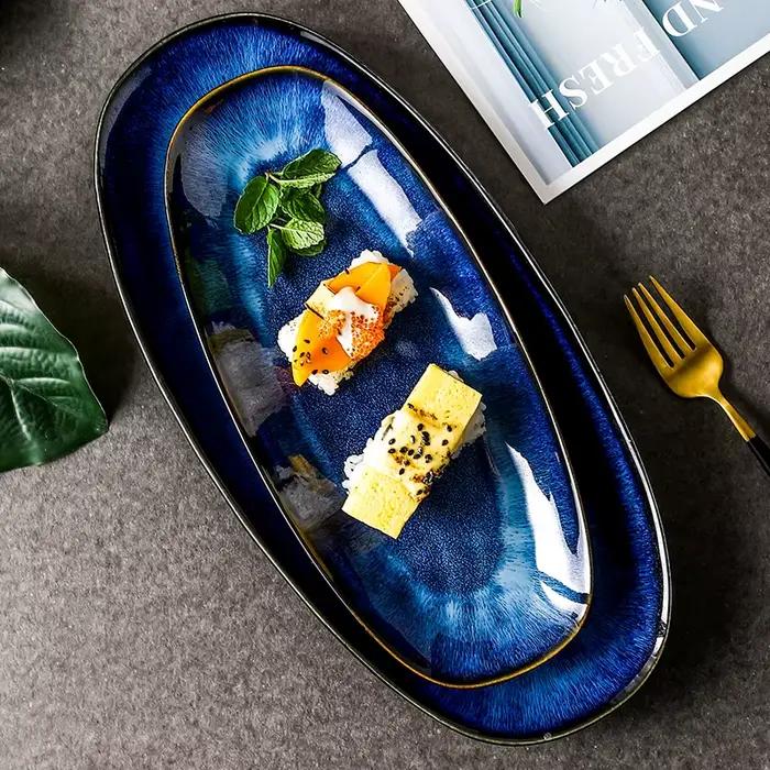 KINGLANG-Assiette Longue Bleue Glacée au Four Japonais, Poisson à la Vapeur Domestique, Grand pio à Sushi Créatif