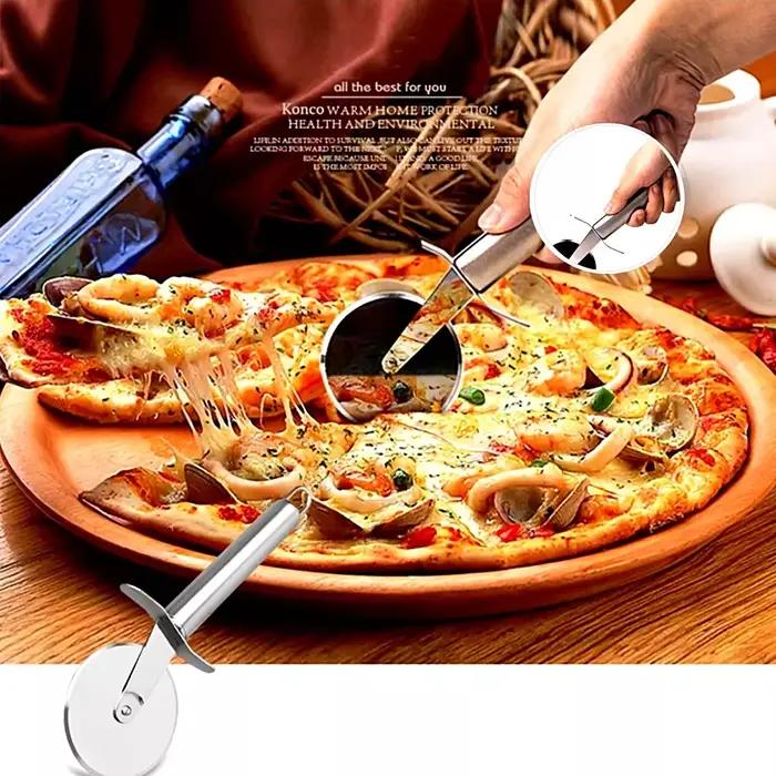 Lot de 5 outils de cuisine en acier inoxydable : roulette à pizza, spatule à gâteau de lune, spatule à gaufres, coupe-pâte à biscuits, coupe-pâte manuel pour pizza