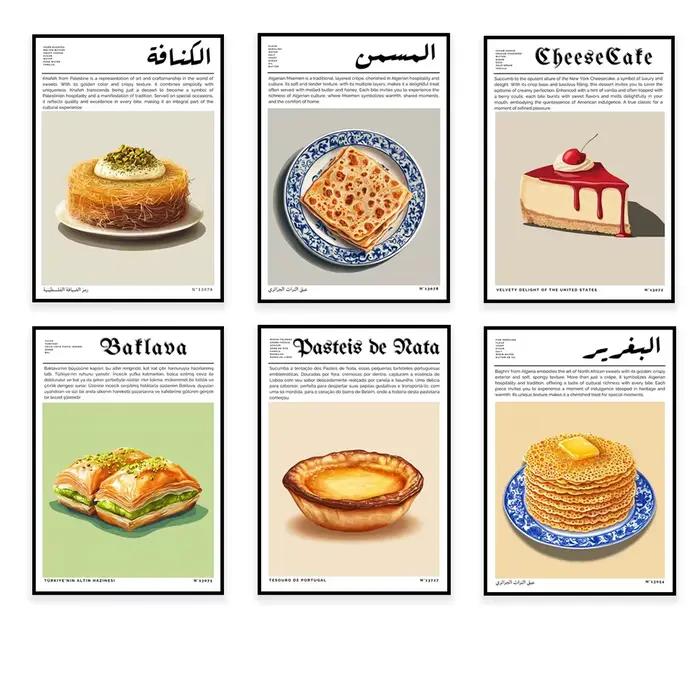Baklava turque, tarte aux œufs portugais, croissant français, cheesecake américain, algérie, impression de voyage du moyen-orient, affiche de cuisine