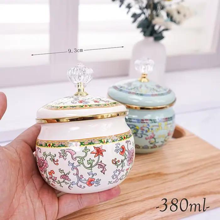 Pot de rangement en émail pour cuisine, stockage d'épices rond européen vintage, sans couches de figures