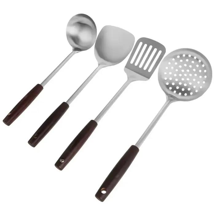 Kit d'ustensiles de cuisine en acier inoxydable avec manche en bois