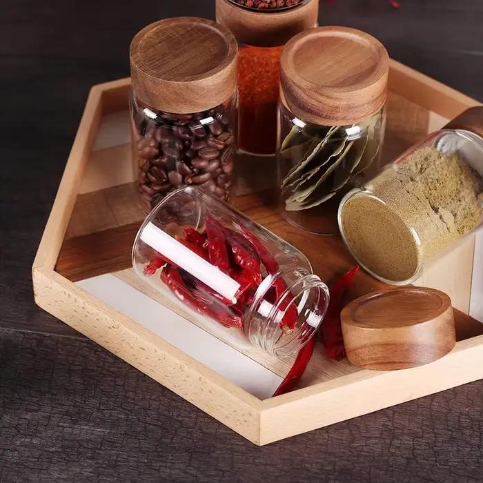 Bocaux en verre pour aliments avec couvercles hermétiques à vis en bois d'acacia