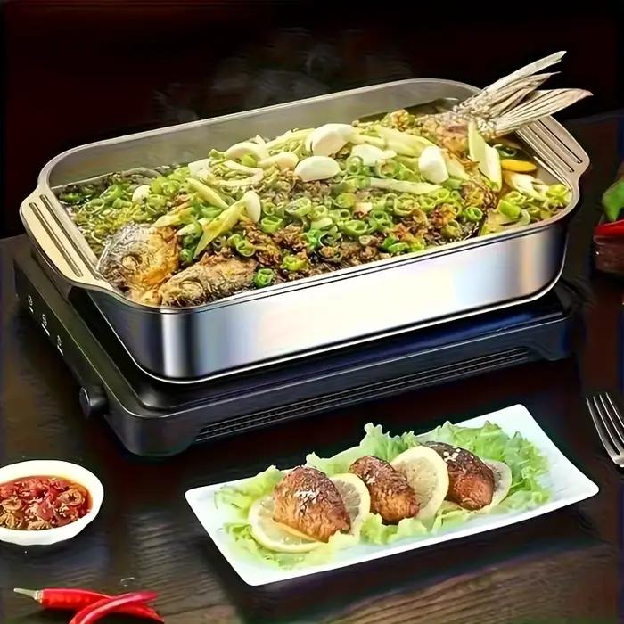 Plateau de barbecue avec couvercle, 1 pièce, grille de barbecue ronde, plateau pour griller le poisson avec couvercle, plaque de cuisson pour poisson épaissie, plaque de cuisson pour poisson en acier