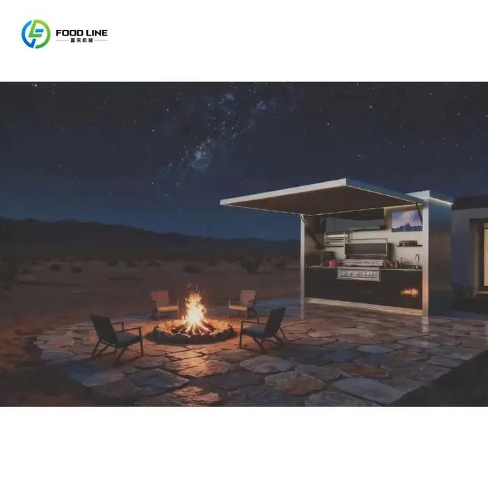 Cuisine extérieure moderne haut de gamme personnalisée, écologique, avec armoires modulaires en aluminium, grill, évier, réfrigérateur et cuisinière à gaz 6 brûleurs