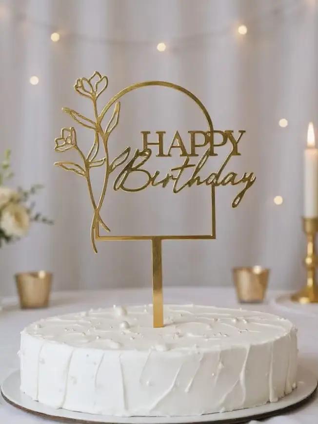 Décoration de gâteau moderne avec fleurs et mots pour fête d'anniversaire en acrylique or et saphir profond pour table de dessert élégante