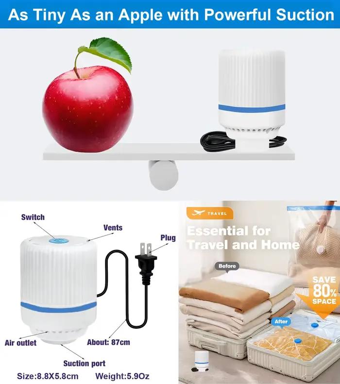 Pompe à vide électrique compacte et portable, compression instantanée, faible bruit, conçue pour les sacs de rangement sous vide, gain de place pour les vêtements