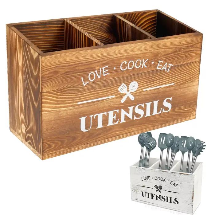 Porte-ustensiles de cuisine en bois, cuillère fourchette, support de rangement de vaisselle, conteneur grand organisateur d'ustensiles de cuisine, support d'argenterie
