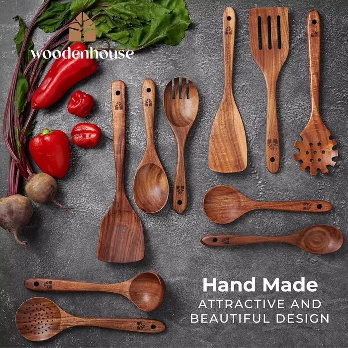 Ensemble d'ustensiles de cuisine en teck naturel - Cuillères de cuisson à prise confortable et support pour ustensiles