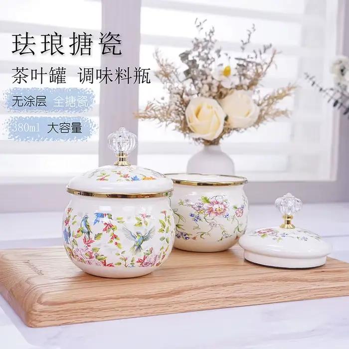 Pot de rangement en émail pour cuisine, stockage d'épices rond européen vintage, sans couches de figures