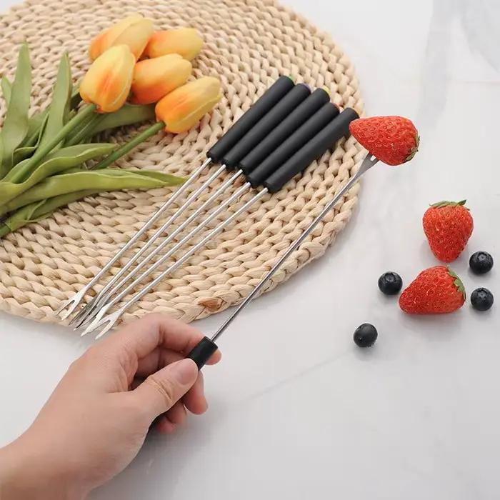 Lot de 6 fourchettes à fondue et à griller, muddler, fourchettes à fruits réutilisables, fourchettes à barbecue, pour trempage, en plastique/bois + acier inoxydable, pour cocktails