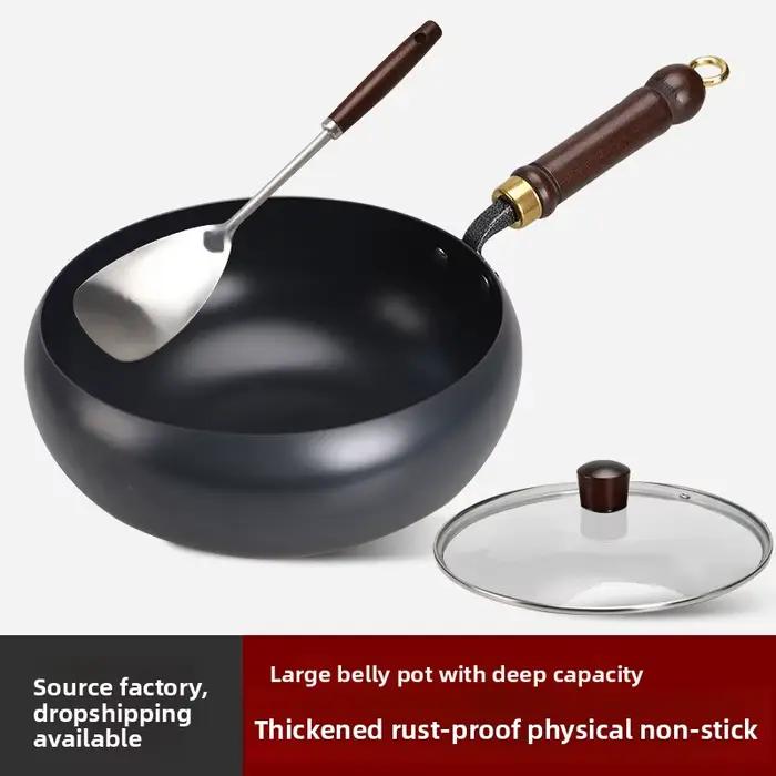 2026 Marmite à fond bombé en fer, petite, de fabrication artisanale, à fond plat, sans revêtement, antiadhésive, pour friture profonde domestique, méthode ancienne