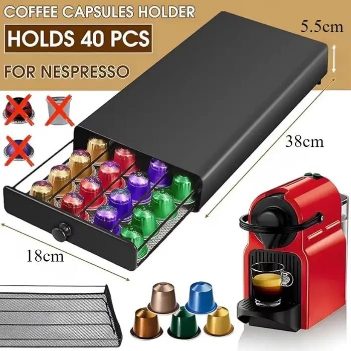 Boîte de rangement de capsules de café, conception de tiroir de grande capacité, boîte de rangement de capsules anti-poussière de 40 dosettes pour café, bureau, maison, Restaurants
