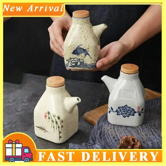 Pot à Sauce en céramique, distributeur de vinaigre de Style japonais, outil d'assaisonnement de Sauce soja, bouteille verseuse d'huile d'olive avec couvercle étanche