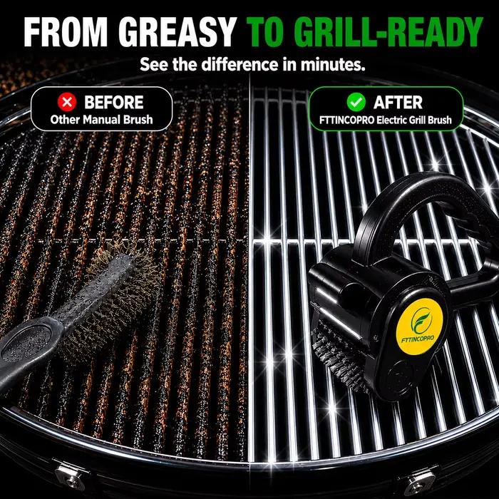 Brosse de nettoyage électrique FTTINCOPRO pour barbecue avec lumière LED, autonomie de 150 minutes, pour nettoyer les barbecues, les fumeurs et les équipements de cuisson en extérieur