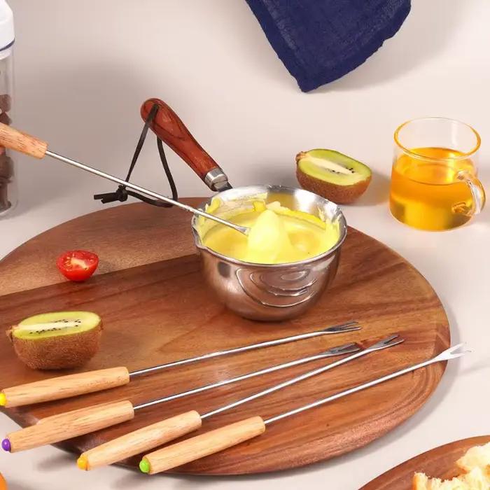 Lot de 6 fourchettes à fondue et à griller, muddler, fourchettes à fruits réutilisables, fourchettes à barbecue, pour trempage, en plastique/bois + acier inoxydable, pour cocktails