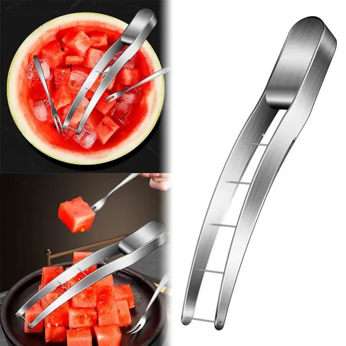 Outils de cuisine en acier inoxydable 304, coupe-fruits manuel pour pastèque, trancheuse à cubes et 6 fourchettes à fruits en acier inoxydable à deux dents
