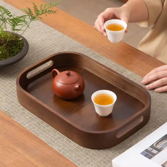 Plateau à thé rectangulaire en porcelaine poli avec poignée ajourée pour petit-déjeuner et service de thé occasions spéciales