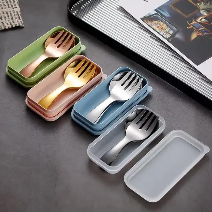 Une paire de couverts cuillère fourchette en acier inoxydable, inoffensif, cuillère ronde à manche court pliable, Portable, Dessert Bento voyage camping en plein air