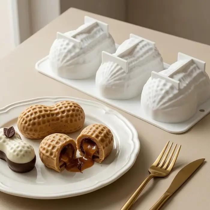 Moule en silicone multi-usage 3 cavités en forme d'arachide pour mousses, gâteaux et pâtisseries