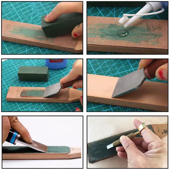 Affûteur de couteaux en bois avec manche en cuir pour sculpteurs et cuisiniers artisanat double face outil de meulage pour couteaux de cuisine et de chasse