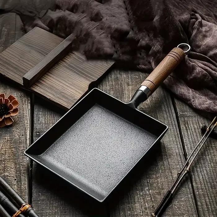 Poêle à frire Tamagoyaki antiadhésive noire pour œufs et crêpes, avec couvercle, compatible gaz et induction, en fonte japonaise